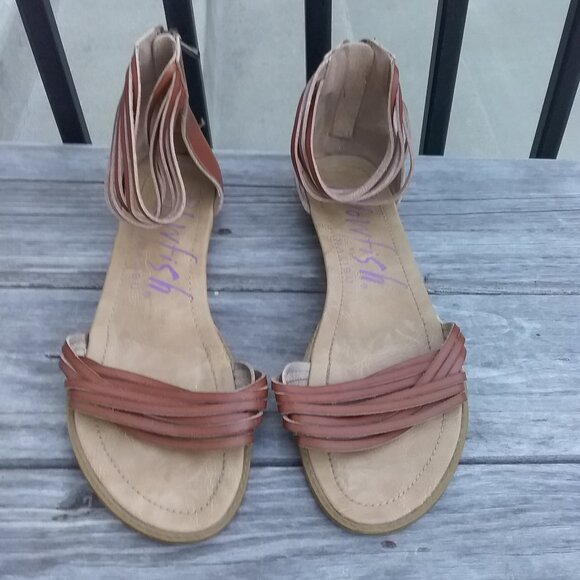 Blowfish Malibu Strappy Ankle Stap Sandals Tan Zipper Flats Open Toe Tan 11 - Picture 2 of 7